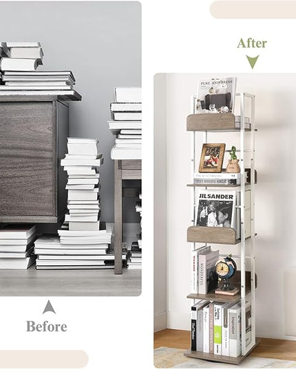 Bikoney Bookshelves 5-Tier, Rotating Bookshelf Tower for Corner, Small Bookcase, Tall Industrial Bookshelf, Narrow Bookshelf, Wood and Metal White - LeafyLoom