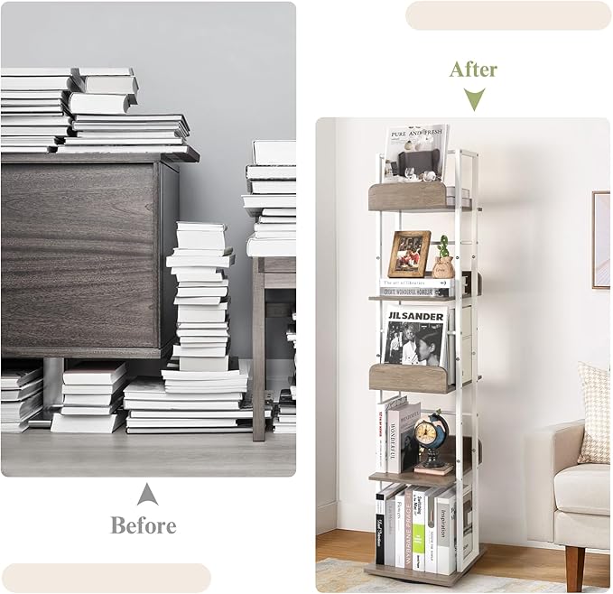 Bikoney Bookshelves 5-Tier, Rotating Bookshelf Tower for Corner, Small Bookcase, Tall Industrial Bookshelf, Narrow Bookshelf, Wood and Metal White - LeafyLoom