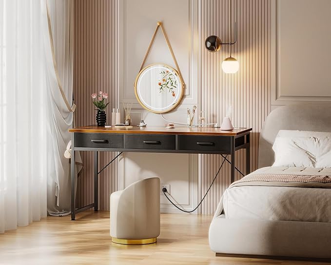 AODK 54 Inch Computer Desk with 3 Fabric Drawers, Office Desk with USB/Type-C Charging Ports & Power Outlets, Vanity Desk with Iron Hook for Bedroom, Study/Writing/Work Table for Bedroom, Vintage - LeafyLoom