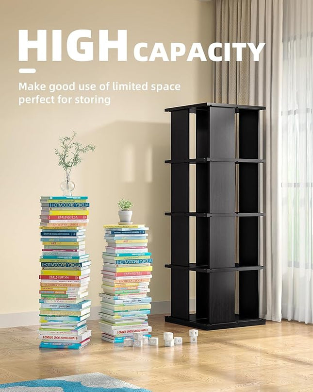 Rotating Bookshelf, 4-Shelf 360° Solid Wood Book shelf Tower, Stackable Revolving Bookcase Organizer for Living Room, Bedroom, Study(Black) - LeafyLoom