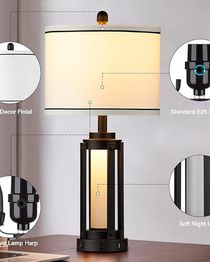 25" Modern Table Lamps Set of 2, Industrial Beside Lamps with USB A+C Charging Ports & AC Outlet, Nightstand Lamp with Glass Night Light for Living Room Bedroom End Table Decor White(4 Bulbs Included) - LeafyLoom