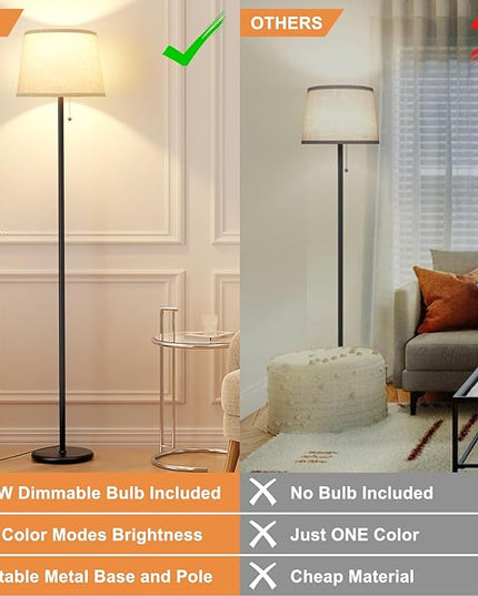 Floor Lamps for Living Room - 3 Color Temp(3000/4000/5000K) Standing Lamp with Pull Chain Switch, Black Floor Lamp with Lampshade, Modern Tall Light for Bedroom Office(9W Bulb Included) - LeafyLoom