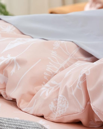 JANZAA Pink Comforter Set Queen Floral Comforter Set 3 PCS Cute Bedding Sets Blush Comforter Set Plant Flowers Printed on Fluffy Comforter Set for All Season - LeafyLoom