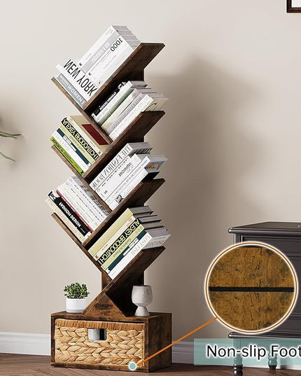 Vagusicc 6 Tier Tree Bookshelf, Modern Floor Standing Bookcase with Storage Drawer, Tall Wood Book Storage Rack for CDs/Books, Utility Book Organizer Shelves for Bedroom/Living Room/Home Office/Corner - LeafyLoom