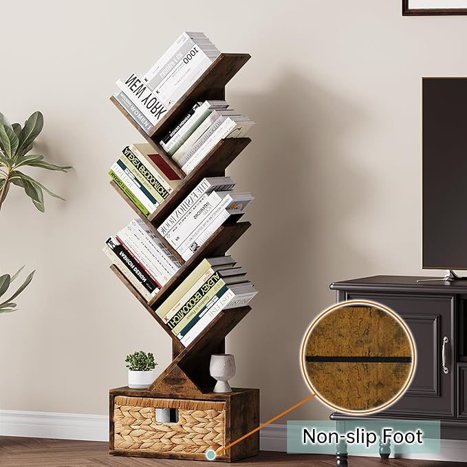 Vagusicc 6 Tier Tree Bookshelf, Modern Floor Standing Bookcase with Storage Drawer, Tall Wood Book Storage Rack for CDs/Books, Utility Book Organizer Shelves for Bedroom/Living Room/Home Office/Corner - LeafyLoom