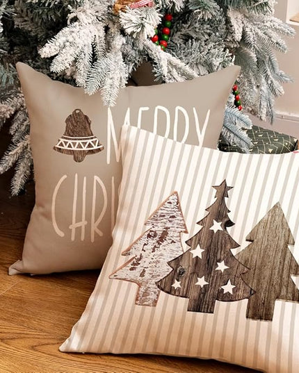 GEEORY Christmas Pillow Covers 16 x 16 Inch Set of 4, Striped Wooden Tree Snow Sleigh Merry Bright Xmas Holiday Decor Decorative Throw Cushion Case Decoration for Home Party Sofa Couch (Brown) GEEORY