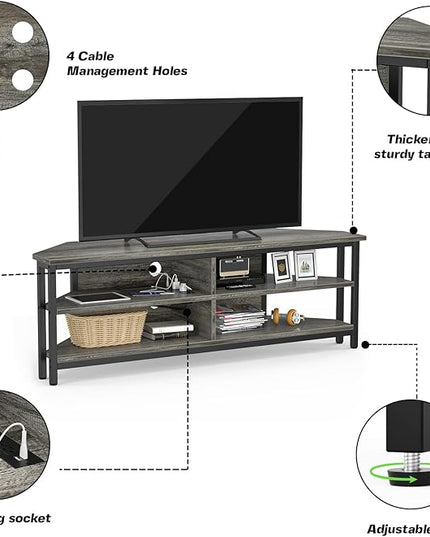 Unikito Corner TV Stand with Power Outlet, Corner Entertainment Center Media TV Console Table with 4 Open Storage Cabinet Shelve Wood TV Stand for Living Room For 55 inch TV, Gray Oak - LeafyLoom