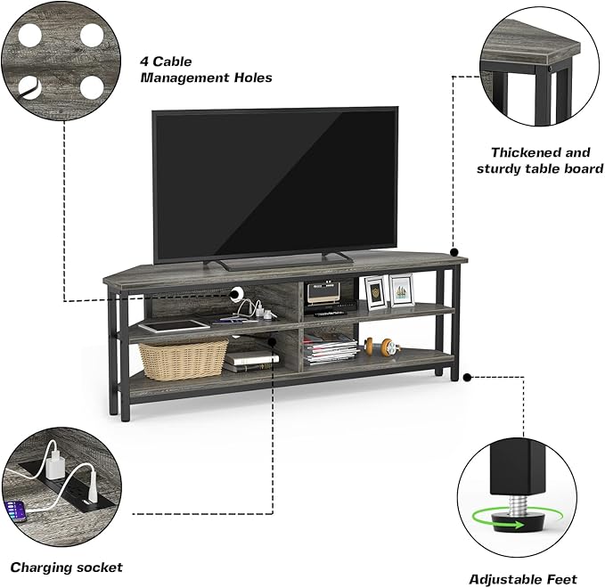 Unikito Corner TV Stand with Power Outlet, Corner Entertainment Center Media TV Console Table with 4 Open Storage Cabinet Shelve Wood TV Stand for Living Room For 55 inch TV, Gray Oak - LeafyLoom
