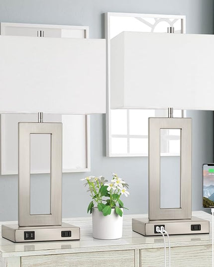 22'' Tall Table Lamps for Bedroom Set of 2, Silver Bedside Touch Control Lamp with 2 USB Ports&AC Outlet, Modern Living Room Table Lamp for Nightstand End Table, 3-Way Dimming with 2 E26 Edison Bulbs - LeafyLoom