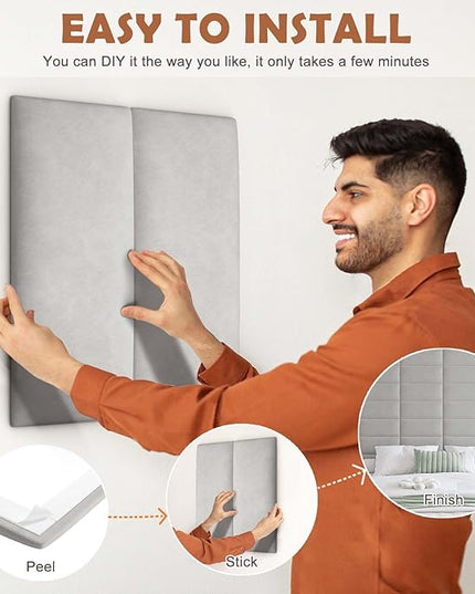 Wall Mounted Upholstered Headboard King, 3D Peel and Stick Soundproof Wall Panels, Reusable and Removable Padded Headboard Leather Bed Headboard, 12 Panels Headboard 9.84" x 23.62", Light Grey - LeafyLoom