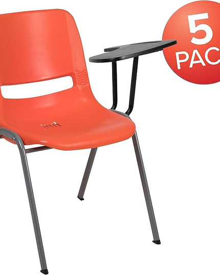 Flash Furniture HERCULES 5 Pack Orange Ergonomic Shell Chair with Left Handed Flip-Up Tablet Arm - LeafyLoom