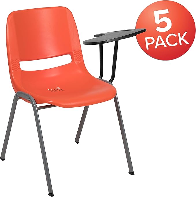 Flash Furniture HERCULES 5 Pack Orange Ergonomic Shell Chair with Left Handed Flip-Up Tablet Arm - LeafyLoom