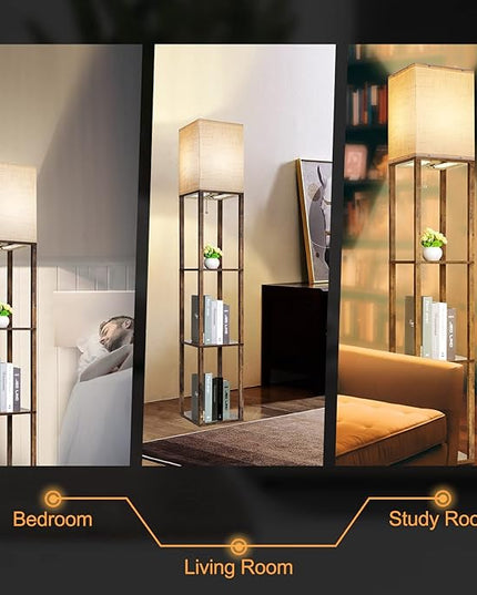 RUNTOP Floor Lamp with Shelves, Modern Shelf Lamp for Display Storage, 3 Color Temperature Wood Narrow Standing Corner Lamp with 8W Bulb for Living Room Decor, Bedroom, Office, Home Decor(Brown) - LeafyLoom