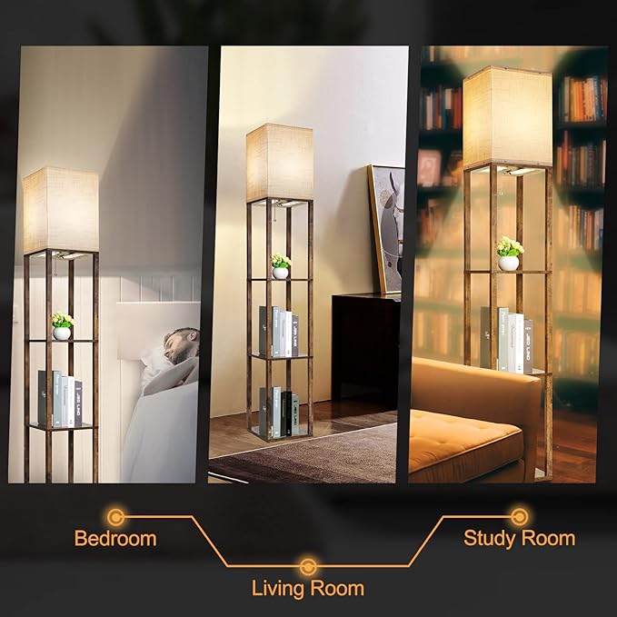 RUNTOP Floor Lamp with Shelves, Modern Shelf Lamp for Display Storage, 3 Color Temperature Wood Narrow Standing Corner Lamp with 8W Bulb for Living Room Decor, Bedroom, Office, Home Decor(Brown) - LeafyLoom