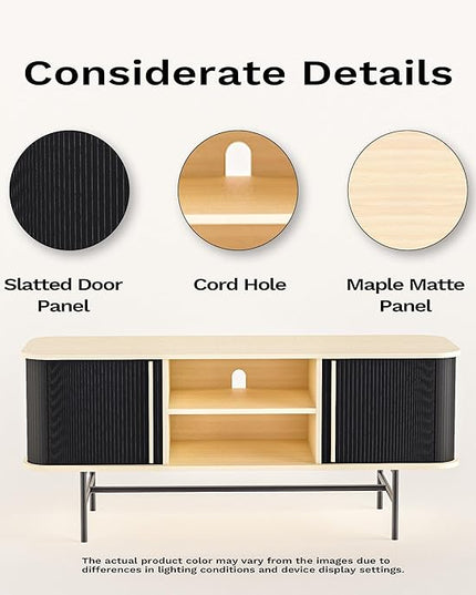 Roomfitters Mid Century Modern TV Stand with Tambour Door for TVs up to 65", Sideboard Buffet Tambour Cabinet with Sliding Door, Entertainment Center for Living Room, Media Console with Storage, Black - LeafyLoom