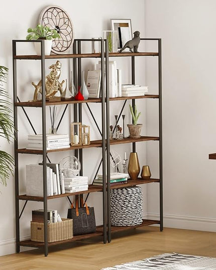 BON AUGURE Industrial Bookshelf, Etagere Bookcases and Book Shelves 5 Tier, Rustic Wood and Metal Shelving Unit (Rustic Oak) - LeafyLoom