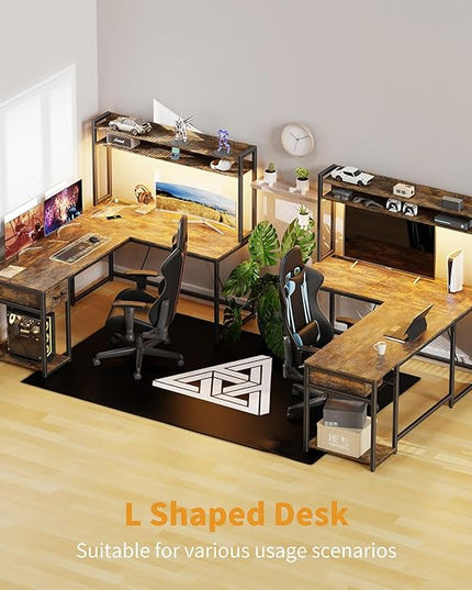 L Shaped Home Office Desk, Reversible Gaming Desk with Drawers, Led Lights & Power Outlets Rustic Brown - LeafyLoom