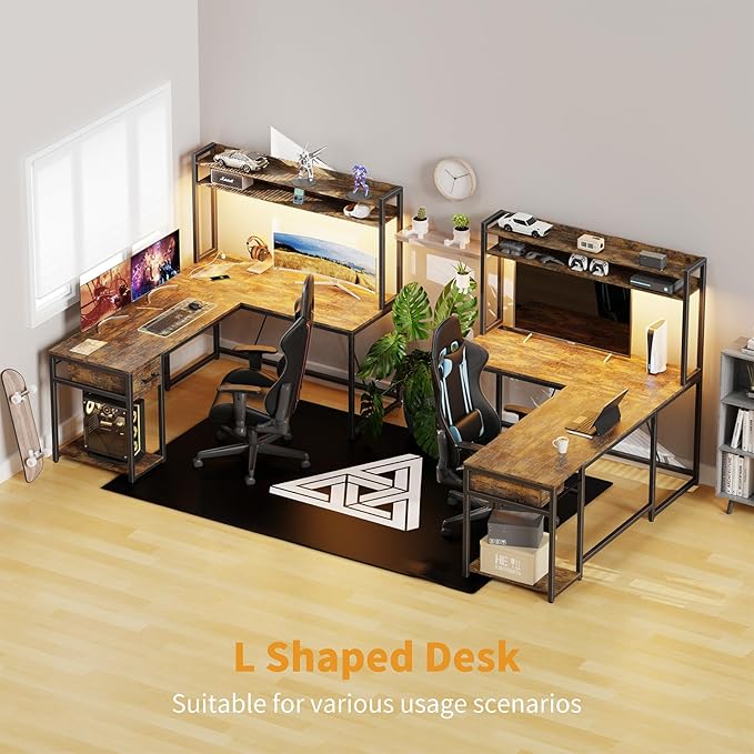 L Shaped Home Office Desk, Reversible Gaming Desk with Drawers, Led Lights & Power Outlets Rustic Brown - LeafyLoom