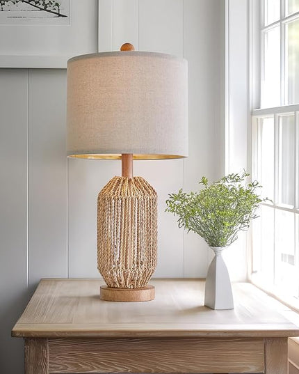 OYEARS 21" Boho Table Lamp for Living Room, Bedside Lamp for Nightstands, Rattan Lamp for Bedroom, Farmhouse Table Lamp for Room Decor, End Table, Retro, Brown, 1 Pack - LeafyLoom