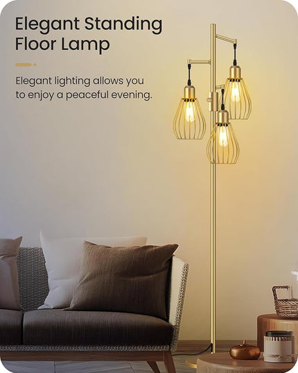 Farmhouse Dimmable Floor Lamp, Industrial Tall Standing Tree Lamp with 3 Elegant Teardrop Cage Heads, 4W 3 LED Bulbs Included, Rustic Standing Lamp for Living Room, Bedroom, Gold D02LD05 - LeafyLoom