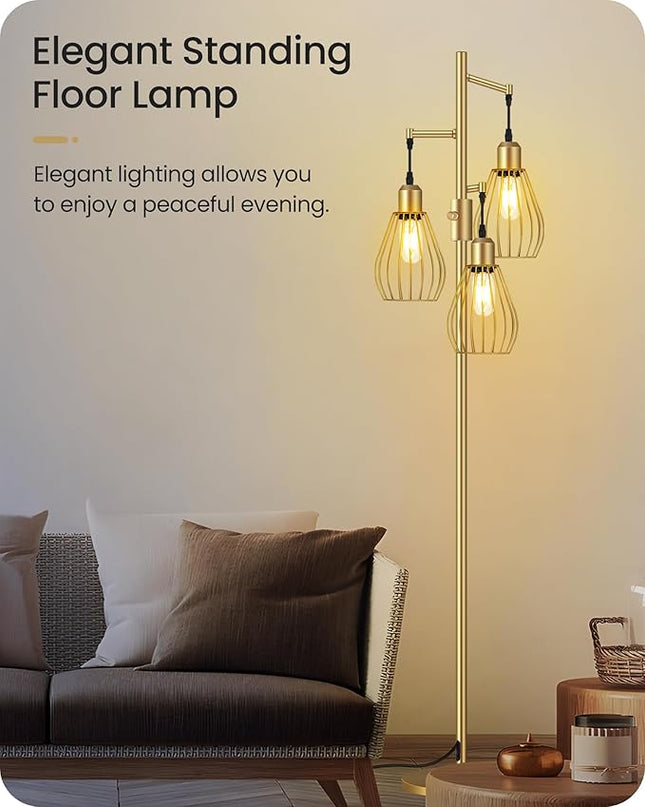 Farmhouse Dimmable Floor Lamp, Industrial Tall Standing Tree Lamp with 3 Elegant Teardrop Cage Heads, 4W 3 LED Bulbs Included, Rustic Standing Lamp for Living Room, Bedroom, Gold D02LD05 - LeafyLoom