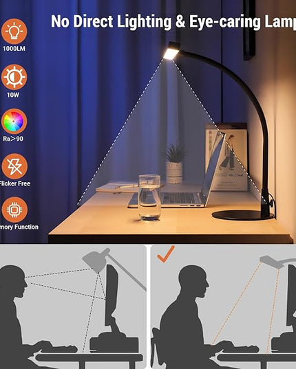 LED Desk Lamp, 15.7" Wide Modern Architect Desk Light for Home Office, 10W Bright Tall Flexible Task Lamp for Piano, Monitor, Workbench, 3 Color Modes & 30 Brightness, 1000LM (Black) - LeafyLoom