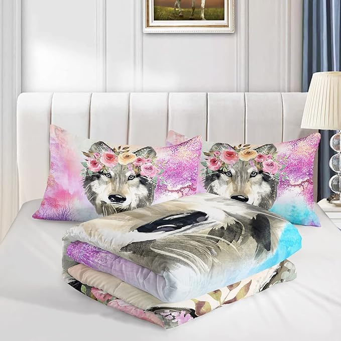 Wolf Comforter Set Tie Dye Wolf Bedding Set for Kids Teens Room Decor Romantic Pink Rose Wild Animals Comforter with 2 Pillowcases - LeafyLoom
