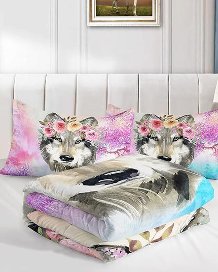 Wolf Comforter Set Tie Dye Wolf Bedding Set for Kids Teens Room Decor Romantic Pink Rose Wild Animals Comforter with 2 Pillowcases - LeafyLoom