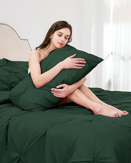 Ubauba 7pc Dark Green Comforter Set Queen Size, Hunter Green Pintuck Bed in a Bag 7 Piece, All Season Emerald Pinched Pleat Bedding Set with Comforter and Sheets (Green,Queen) - LeafyLoom