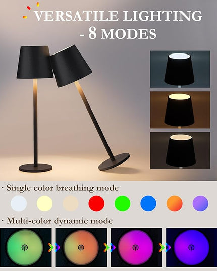 2-Pack 5200mAh RGB Cordless Table Lamp, RGB 8 Modes & Touch Control Rechargeable Battery Desk Lamp, IP54 Waterproof Battery Operated Lamp for Bedroom/Outdoor/Restaurant/Camping/Bars (Black) - LeafyLoom