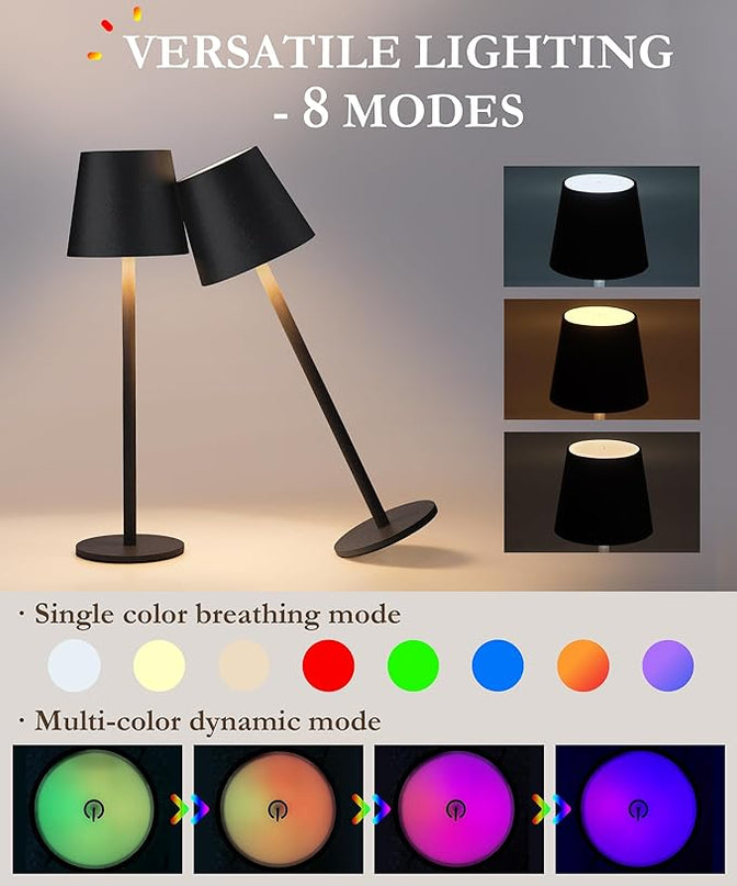 2-Pack 5200mAh RGB Cordless Table Lamp, RGB 8 Modes & Touch Control Rechargeable Battery Desk Lamp, IP54 Waterproof Battery Operated Lamp for Bedroom/Outdoor/Restaurant/Camping/Bars (Black) - LeafyLoom