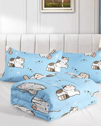 Datura home Blue Kawaii Cat Comforter Bedding Set for Girls Lovely Kitten Print Cute Animal Pattern with 1 and 2 Pillowcases Bedroom All Season(Cat Full), Full 80x90inches - LeafyLoom