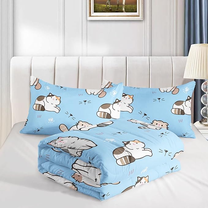 Datura home Blue Kawaii Cat Comforter Bedding Set for Girls Lovely Kitten Print Cute Animal Pattern with 1 and 2 Pillowcases Bedroom All Season(Cat Full), Full 80x90inches - LeafyLoom