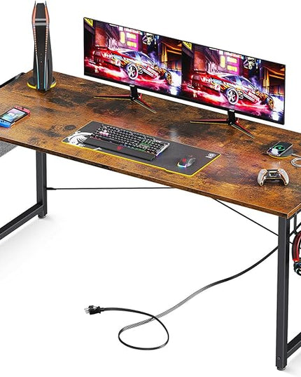 AODK 63 inch Small Computer Desk with Power Outlet for Small Spaces Home Office Student Laptop PC Writing Desks with Storage Bag Headphone Hook, Vintage - LeafyLoom
