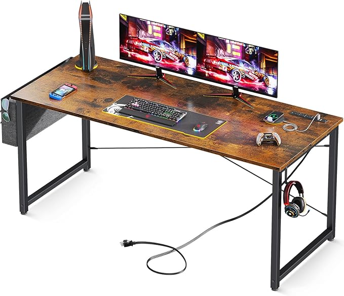 AODK 63 inch Small Computer Desk with Power Outlet for Small Spaces Home Office Student Laptop PC Writing Desks with Storage Bag Headphone Hook, Vintage - LeafyLoom