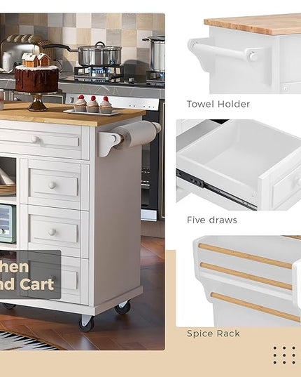 Kitchen Island with Storage Cabinets, Rolling Mobile Kitchen-cart w/Rubber Wood Desktop and 5 Drawers & Open Shelves, Sideboard for Dining Room, Home Bar - LeafyLoom