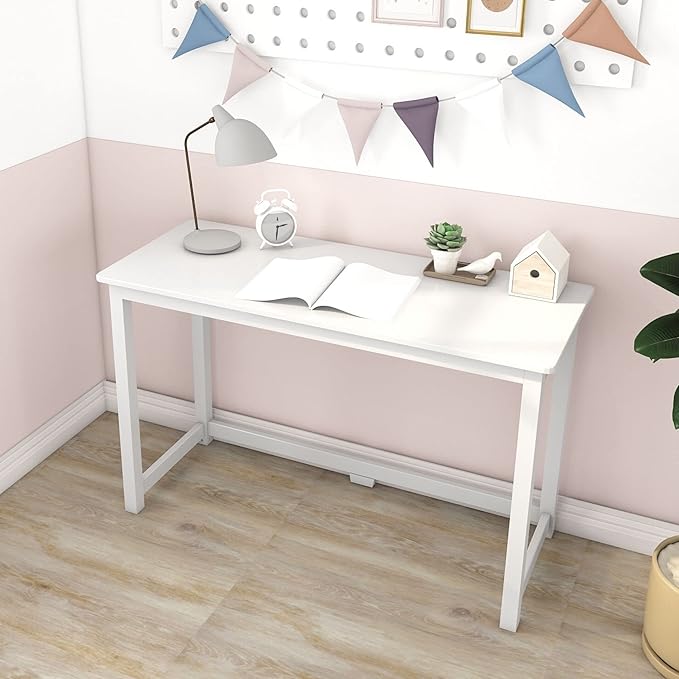 Max & Lily Solid Wood Desk, 47 Inches, White - LeafyLoom