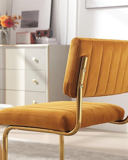 ONEVOG Orange Velvet Dining Chairs Set of 4, Upholstered Kitchen Dining Room Chairs, Comfy Chair with Gold Metal Legs, Cantilevered Design Chair for Bedroom, Living Room - LeafyLoom