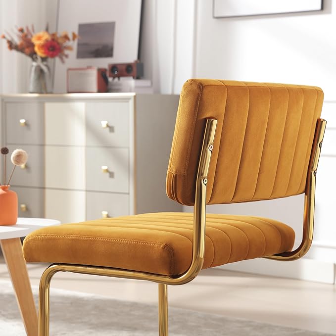 ONEVOG Orange Velvet Dining Chairs Set of 4, Upholstered Kitchen Dining Room Chairs, Comfy Chair with Gold Metal Legs, Cantilevered Design Chair for Bedroom, Living Room - LeafyLoom