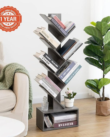 Yoobure Tree Bookshelf - 6 Shelf Retro Floor Standing Bookcase, Tall Wood Book Storage Rack for CDs/Movies/Books, Utility Book Organizer Shelves for Bedroom, Living Room, Home Office, Grey - LeafyLoom