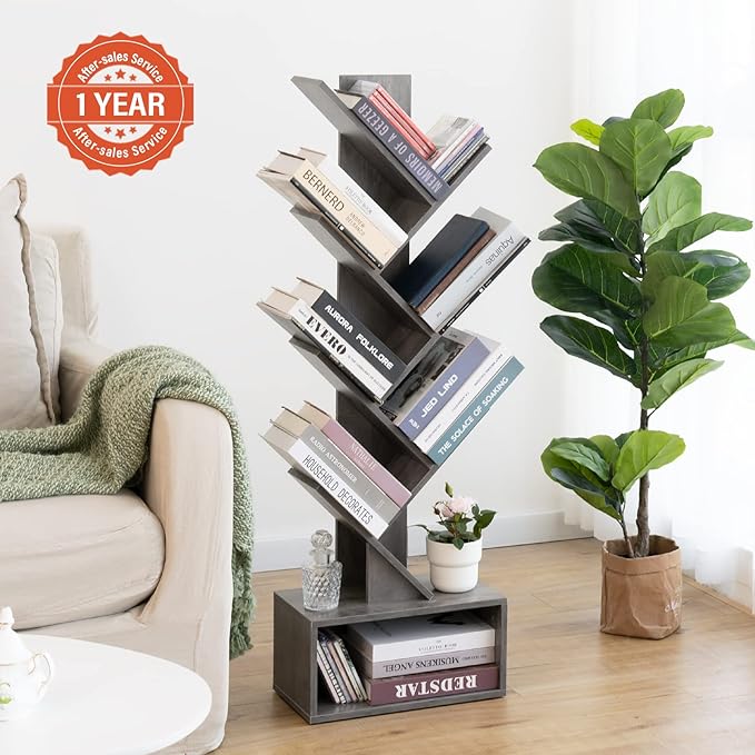 Yoobure Tree Bookshelf - 6 Shelf Retro Floor Standing Bookcase, Tall Wood Book Storage Rack for CDs/Movies/Books, Utility Book Organizer Shelves for Bedroom, Living Room, Home Office, Grey - LeafyLoom