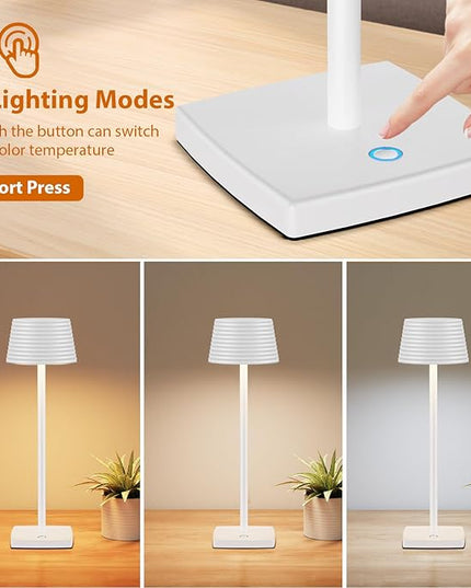 Rechargeable Cordless Table Lamp, Battery 5000mAh Metal Aluminum Housing USB LED Portable Powered Desk Lamp, 3 Levels Brightness Night Light for Restaurants Bars Outdoor (White-2pack) - LeafyLoom