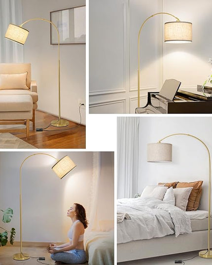 Gold Arc Floor Lamp, Dimmable Floor Lamp for Living Room, Mordern Standing Lamp with Adjustable Lamp Head, Tall Pole Lamp Over Couch Arched Light for Reading, Bedroom, Office, 9W LED Bulb Included - LeafyLoom