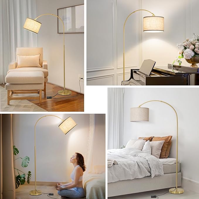 Gold Arc Floor Lamp, Dimmable Floor Lamp for Living Room, Mordern Standing Lamp with Adjustable Lamp Head, Tall Pole Lamp Over Couch Arched Light for Reading, Bedroom, Office, 9W LED Bulb Included - LeafyLoom