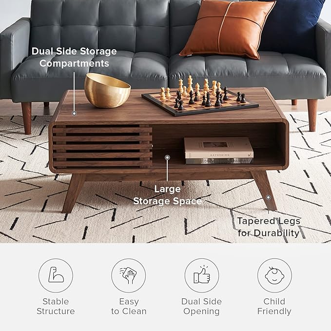 mopio Ensley Coffee Table, Mid Century Modern Table with Storage, Farmhouse Wood Coffee Table for Living Room Fluted (Walnut) - LeafyLoom