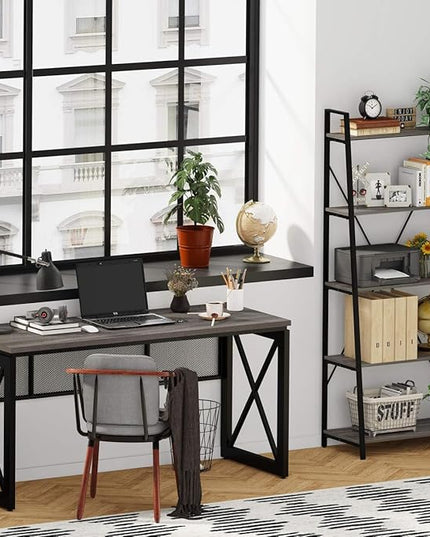 BON AUGURE 5-Tier Ladder Shelf, Industrial Leaning Bookcase, Wood and Metal Ladder Bookshelf for Living Room, Bedroom, Kitchen, Home Office (Grey Oak) - LeafyLoom