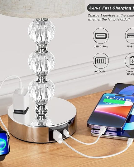 White Touch Bedside Lamps for Bedrooms - Crystal Table Lamp with USB C+A Charging Port and AC Outlet Nightstand, 3 Way Dimmable Silver Small End Side Table Lamp for Living/Guest/Dinning Room/Kitchen - LeafyLoom