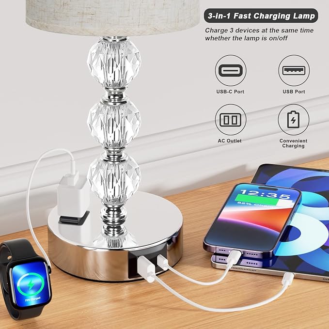 White Touch Bedside Lamps for Bedrooms - Crystal Table Lamp with USB C+A Charging Port and AC Outlet Nightstand, 3 Way Dimmable Silver Small End Side Table Lamp for Living/Guest/Dinning Room/Kitchen - LeafyLoom