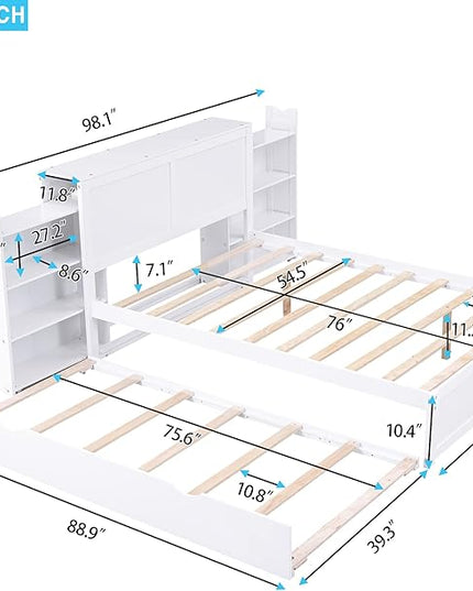 Full Size Platform Bed with Headboard, Pull Out Shelves and Twin Trundle, Wooden Versatile Storage Bedframe for Bedroom Guest Room, White - LeafyLoom