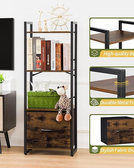 Yoobure Bookshelf, 4 Tier Book Shelf with Drawer, Small Bookcase Narrow Book Case, Industrial Bookshelves Shelf for Bedroom Living Room Office, Book Storage Organizer for CD/Movie Rustic Brown - LeafyLoom